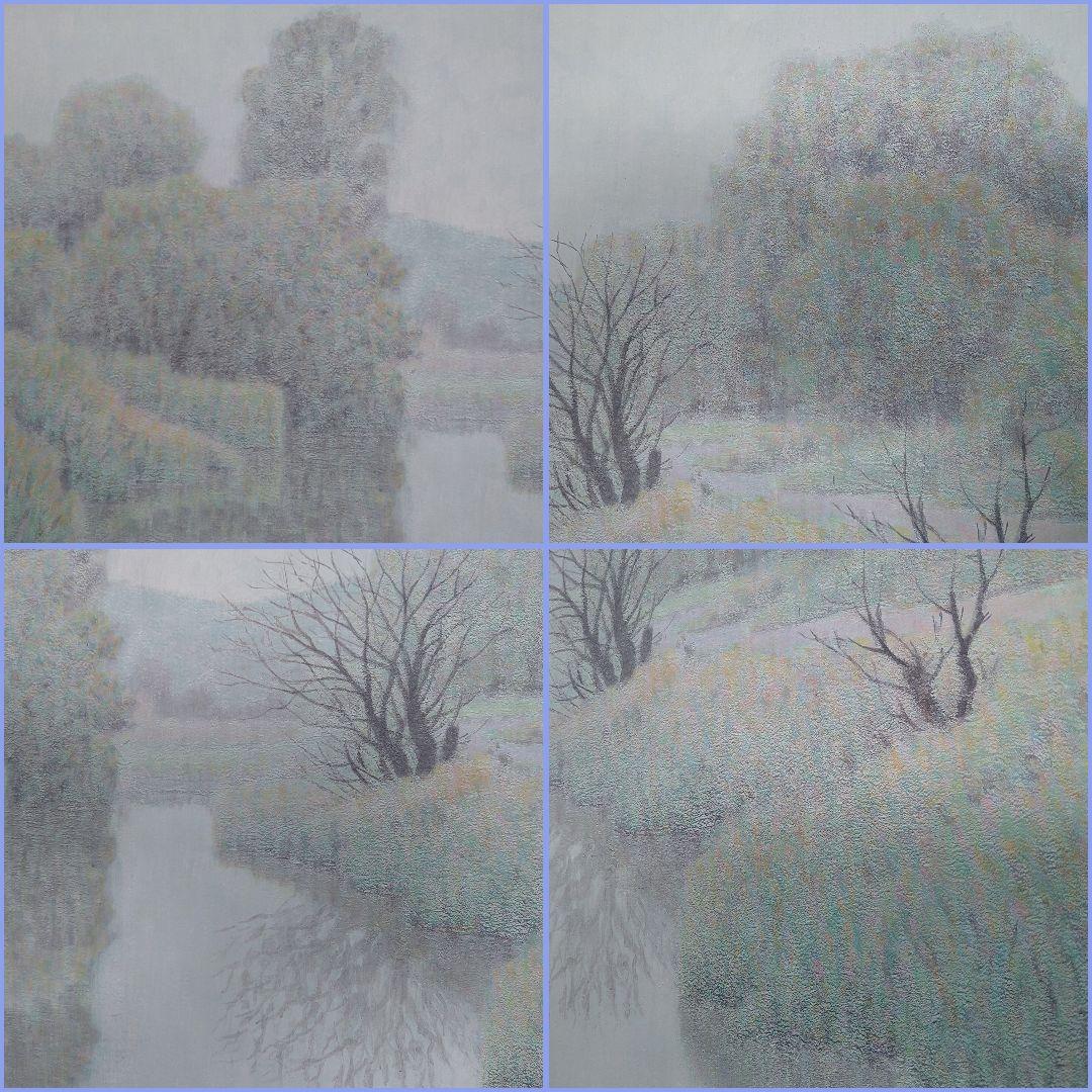 AB15 扇敏之 【川辺】日本画 共シール 日展会友 絵画 額装 風景画