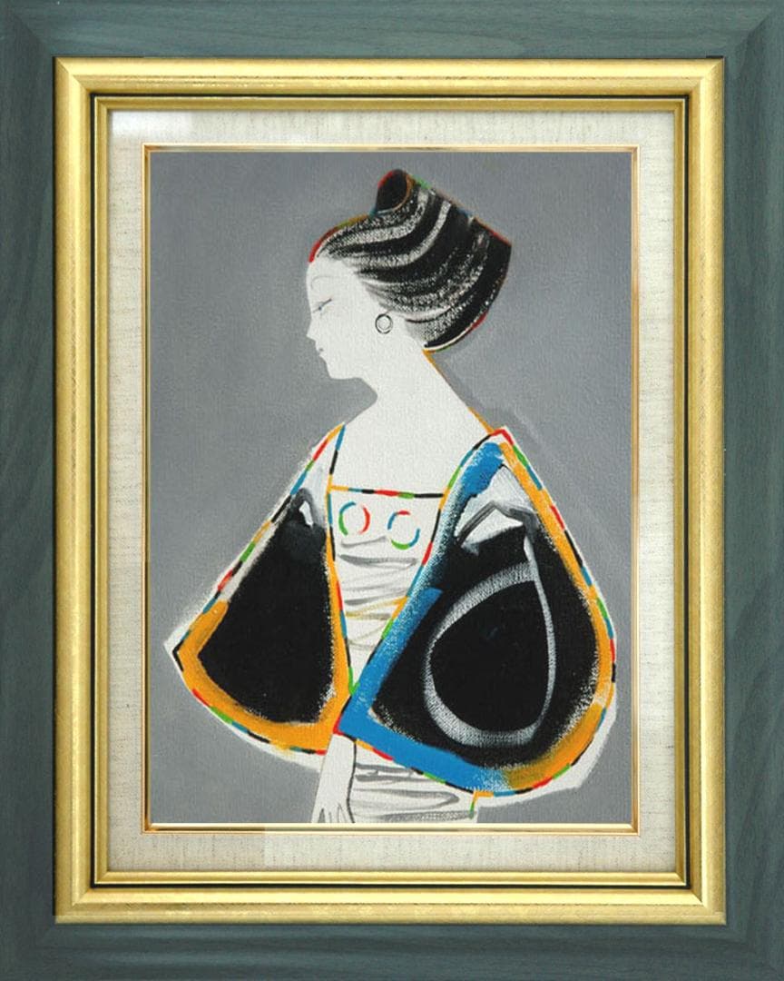油絵 菅家令子 絵 絵画 インテリア 額付(青緑＋銀) F3-010411 女性