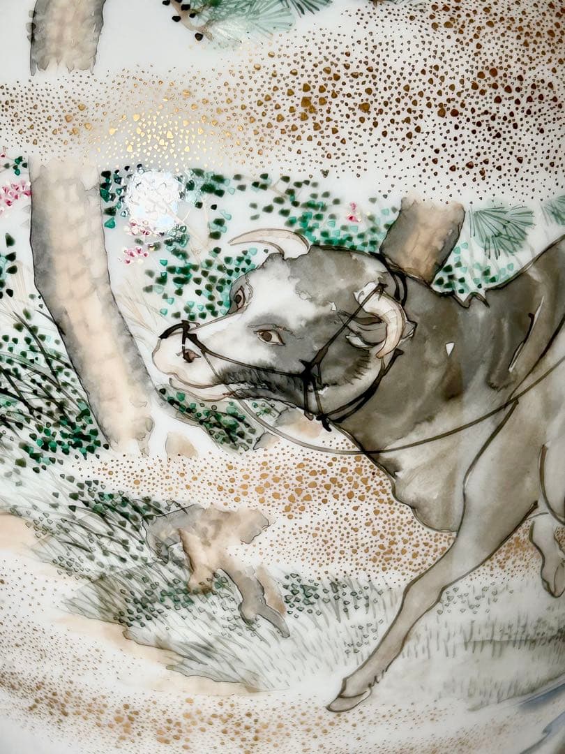 初代川本桝吉 安井如苞画 大日本七宝会社販売 牧童図花瓶一対 明治 瀬戸焼 瀬戸