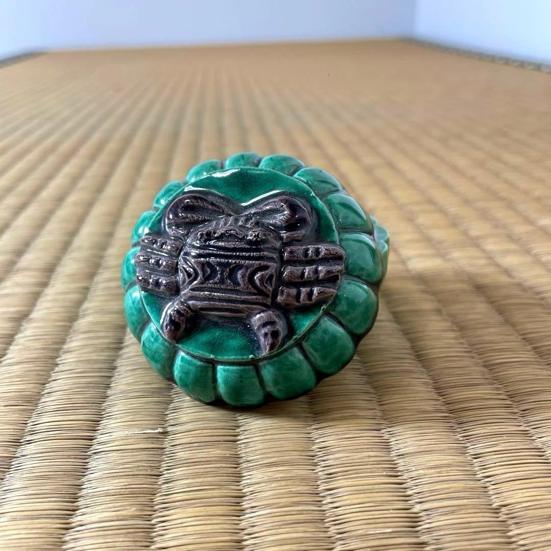 #XG441 陶芸家・中村翠嵐・香合・青交趾・交趾焼・鞠蟹文様・共箱栞布付・香合