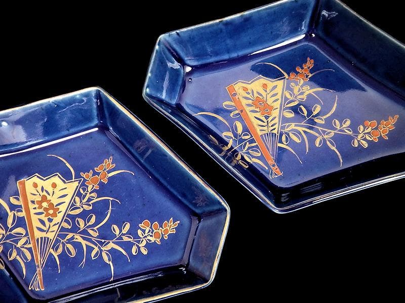 古伊万里　瑠璃　扇に桔梗の図　菱形変形皿　２客　D039AS-DAm