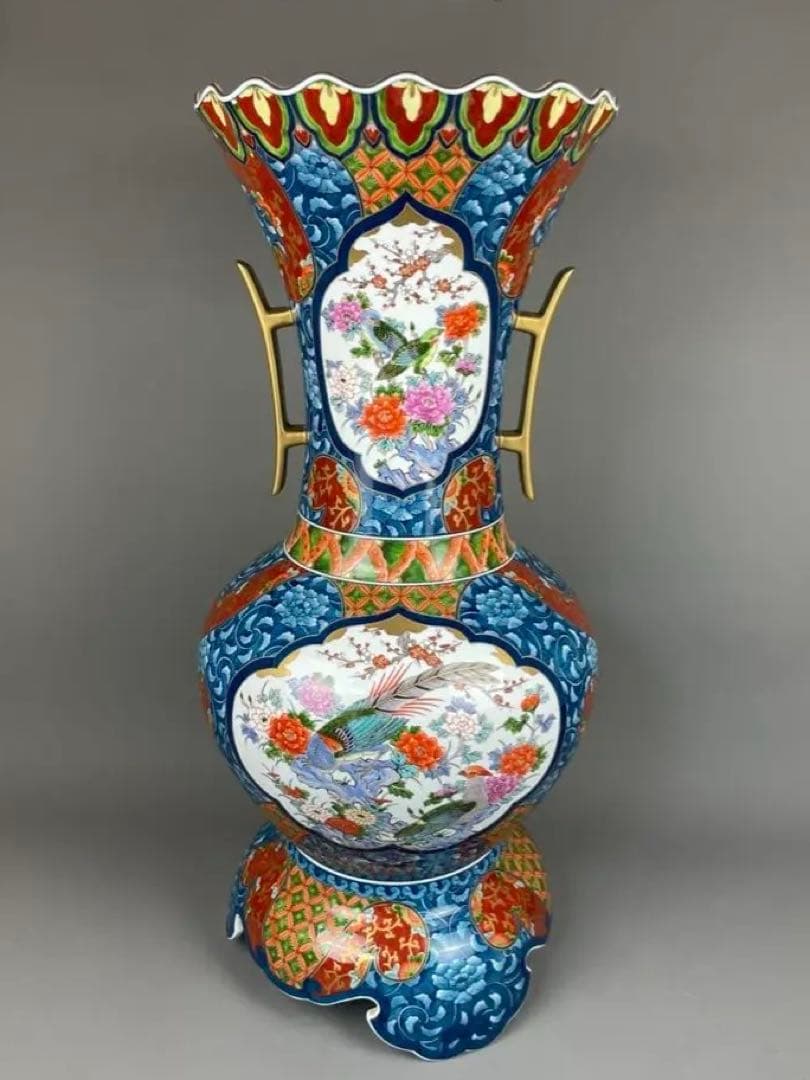 有田焼銘工 藤井勝雲 極上 染錦 花鳥図花瓶 金箔 金彩色絵 双耳 飾壷 置物