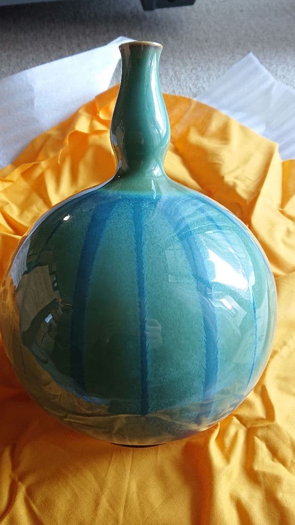 花器 緑釉線紋 小杉焼 池上栄一 氏作 共箱入