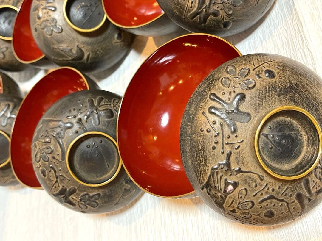 鉄錆塗　会津　吸物椀　9客　骨董　蓋付き椀　明治大正時代148