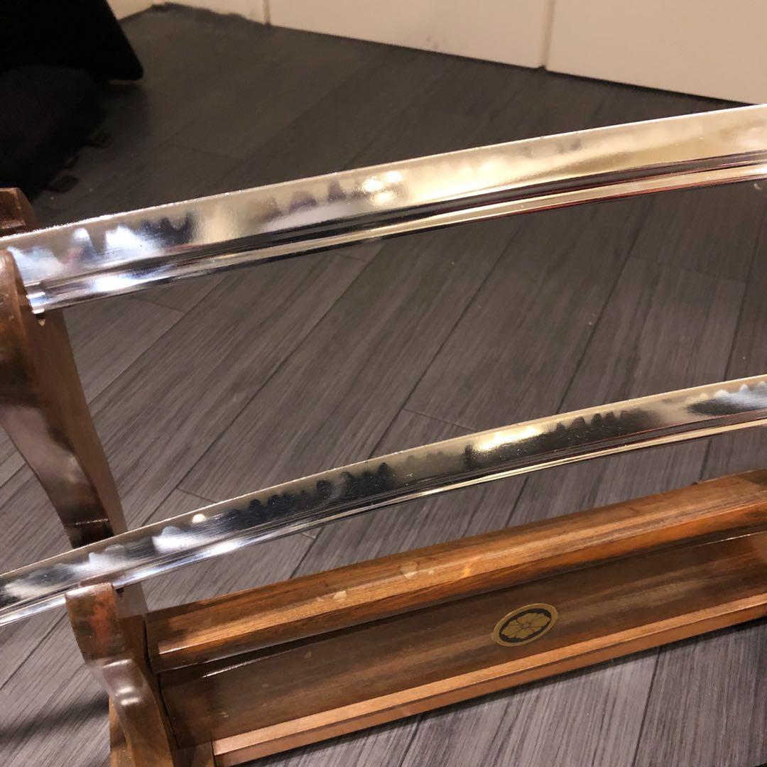 高級模造刀　居合刀　太刀　大小セット　脇差　樋入り刀身　緑拵え　鍔ひび有