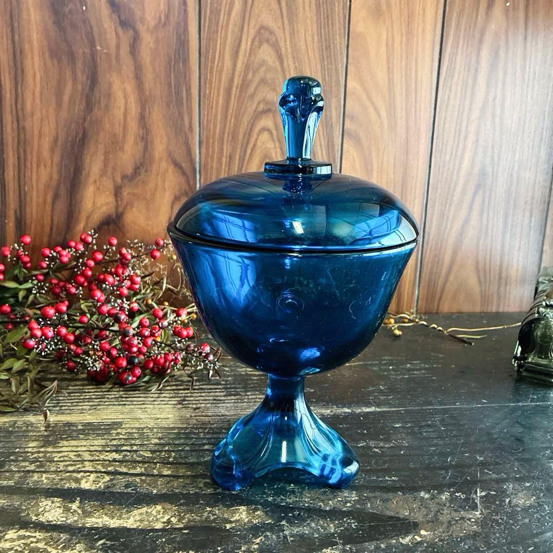 骨董　時代ガラス　ピーコックブルー　アールデコ調プレス　納戸色　ボンボニエール