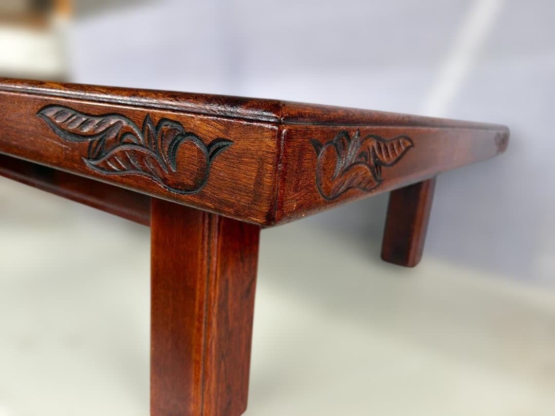 木製 座卓 彫刻入り 　昭和レトロ 　01d111