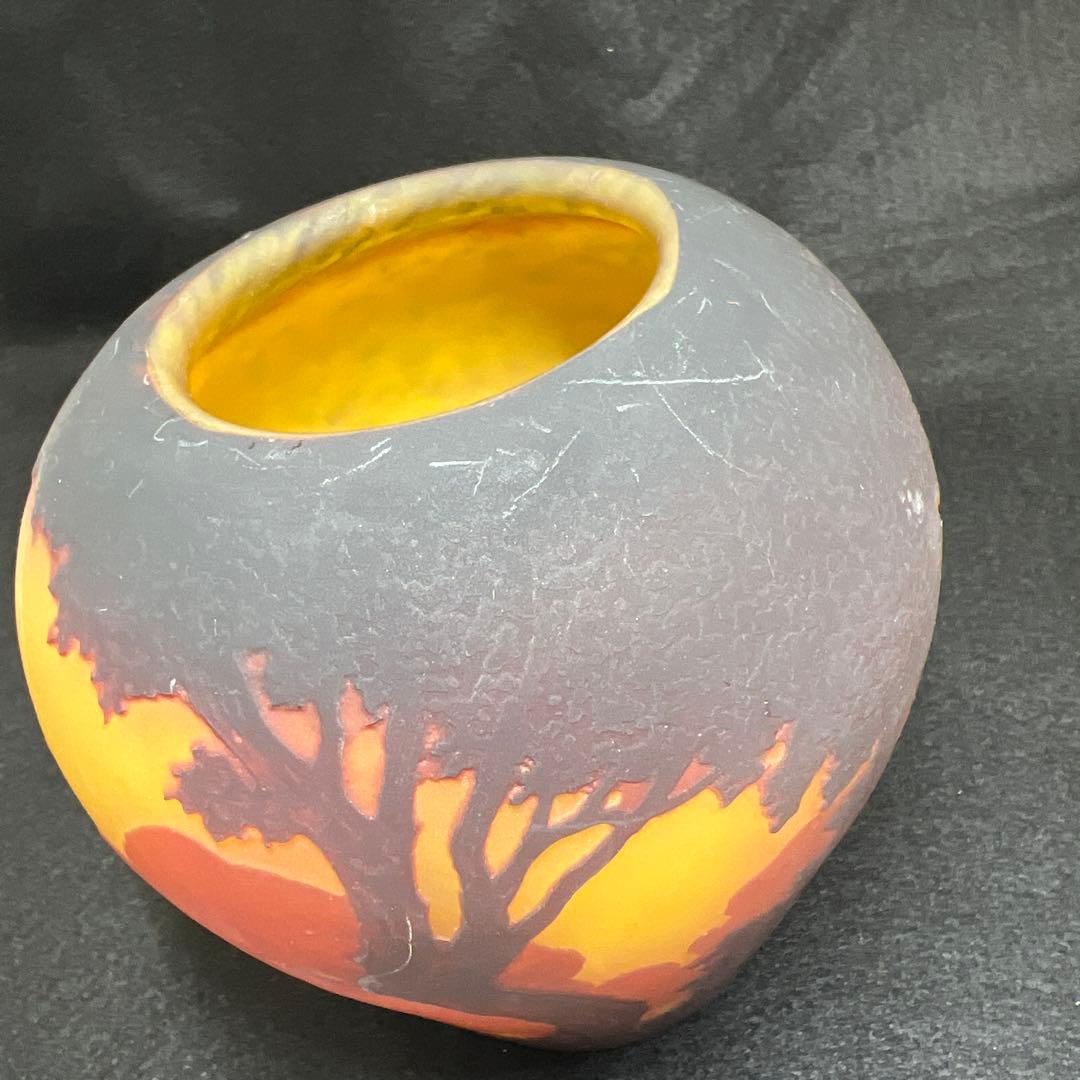 19世紀フランス　異色ガラス　酸化腐食彫花入　箱付　東Y8-0205☆2Fトヒウ