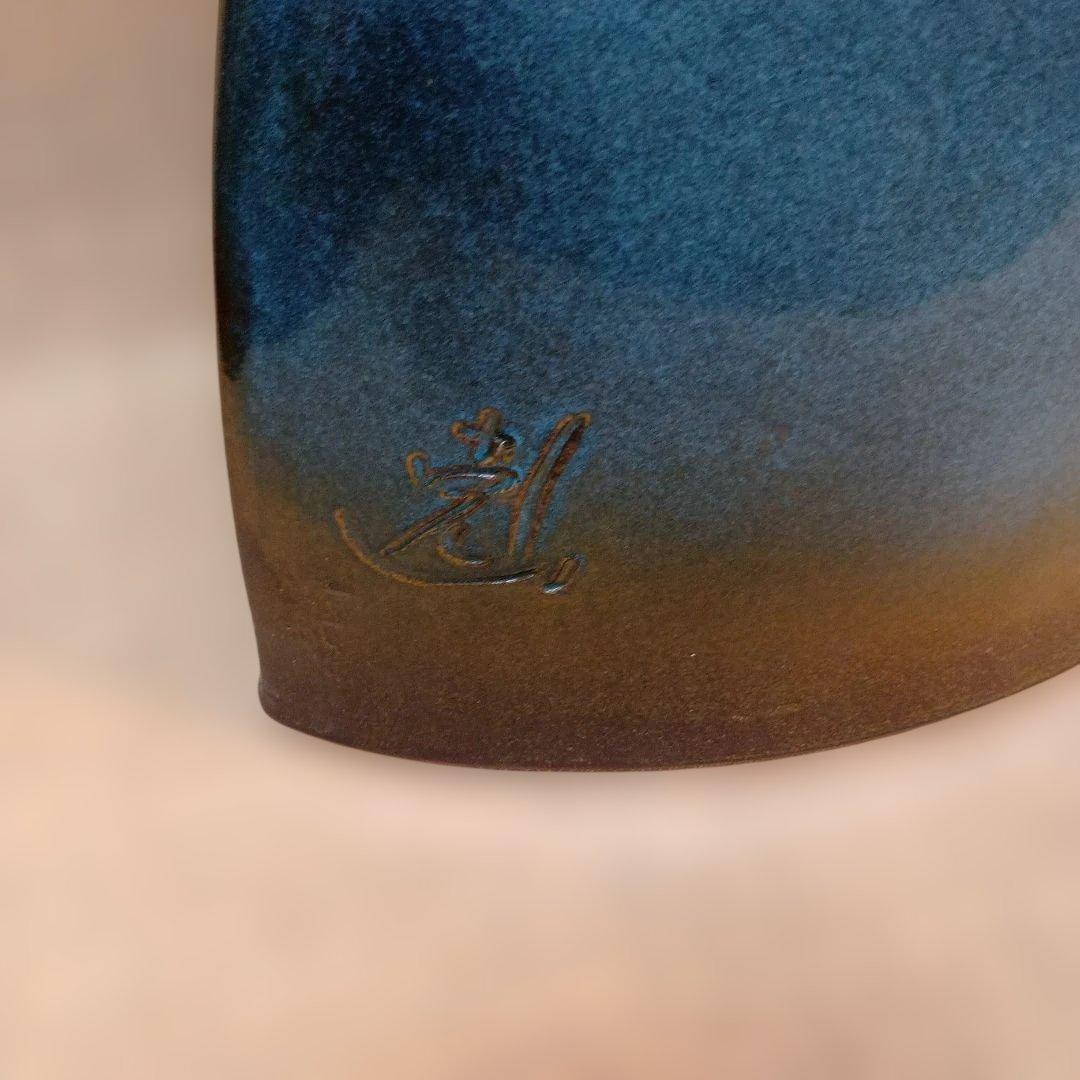 フクロウの陶器　作家物　花器　花瓶 ブルー　グラデーション