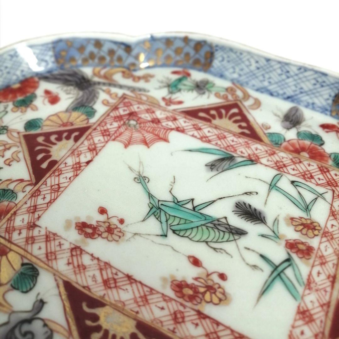 古伊万里　色絵　虫尽くし図　木瓜形　縁立皿
