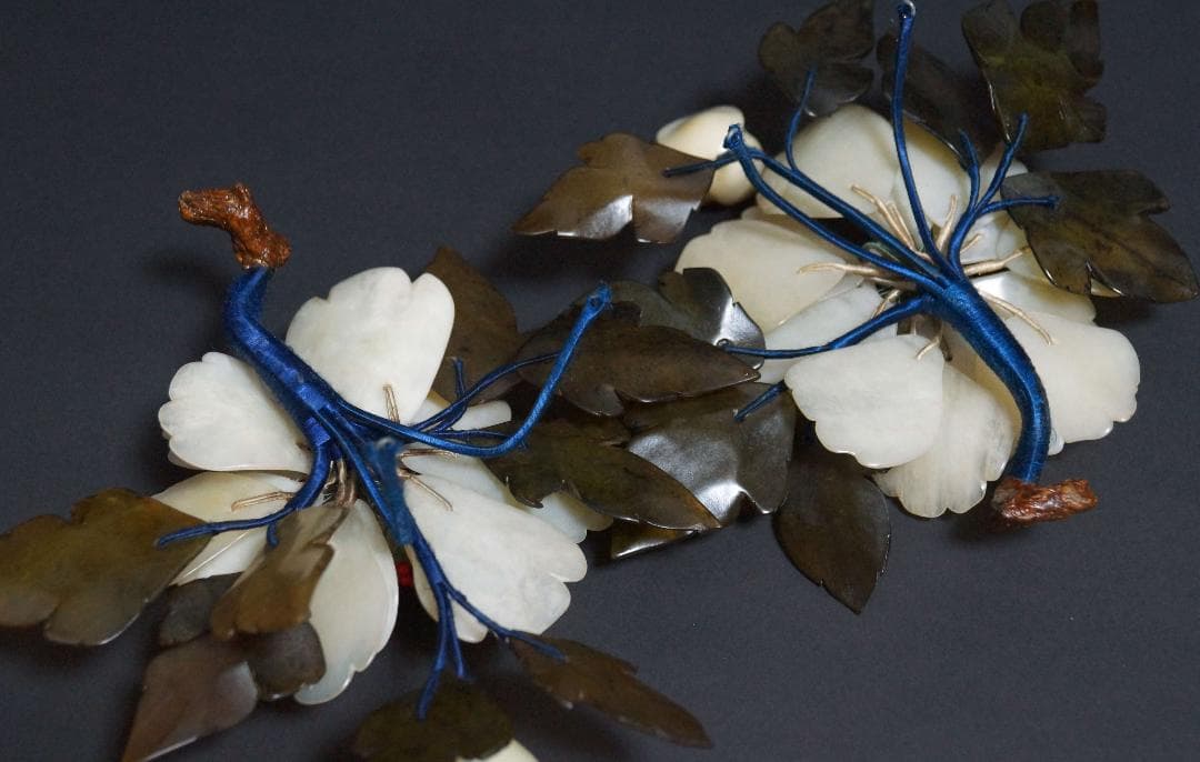 昭和初期 天然玉製 細工造り『牡丹花』蝋燭立て(一対) ろうそく台 茶道具時代物