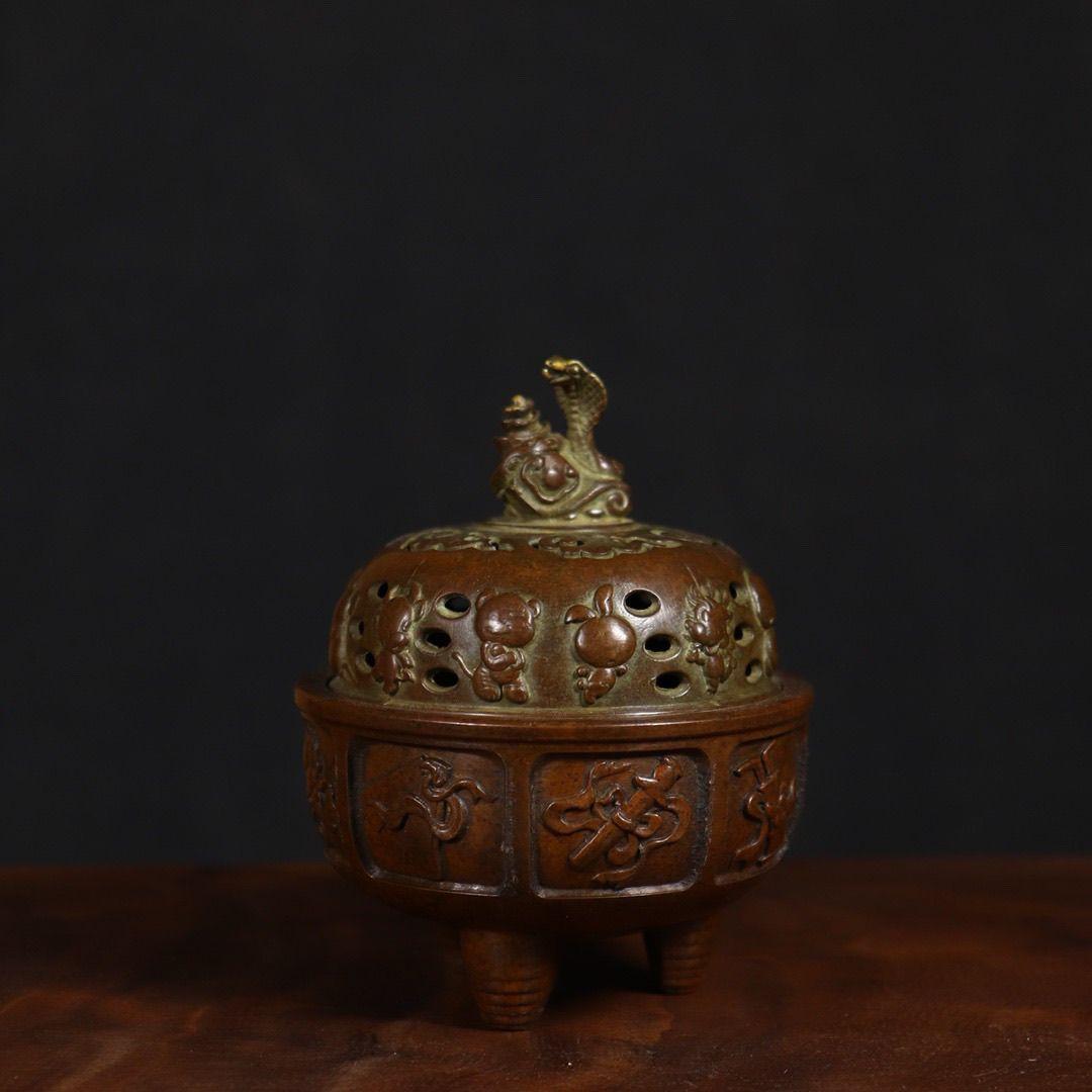 銅器 香炉 干支蛇薫香炉 十二支炉 刻蔵八宝炉 仏具 装飾品 工芸品 置物
