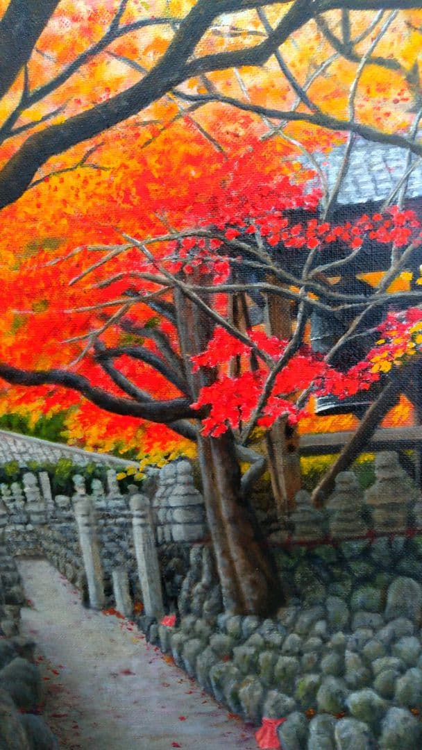 油彩 秋の京都「化野念仏寺」風景画 油絵 油彩画 絵 絵画 寺 原画 P30号