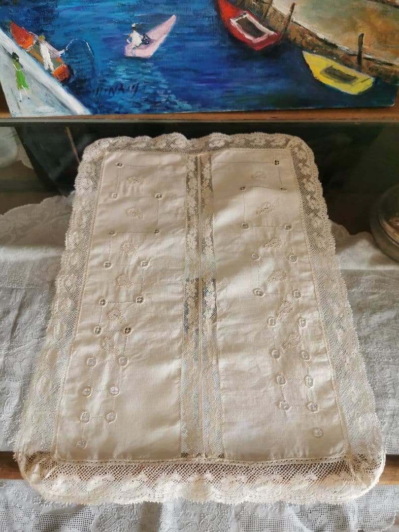 アンティークフランス 葉のアップリケ刺繍ランナー ノルマンディーレース ランナー