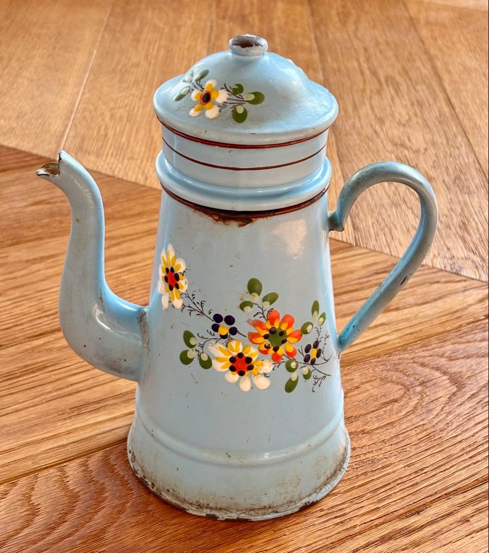 フランスアンティーク ホーローコーヒーポット ブルー 手描きのお花