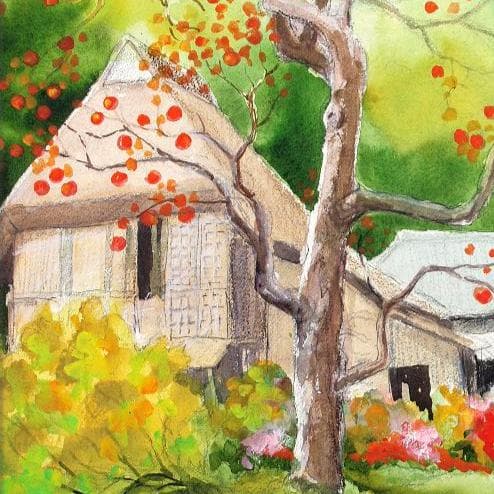 絵画「里山は実りの秋」　水彩画