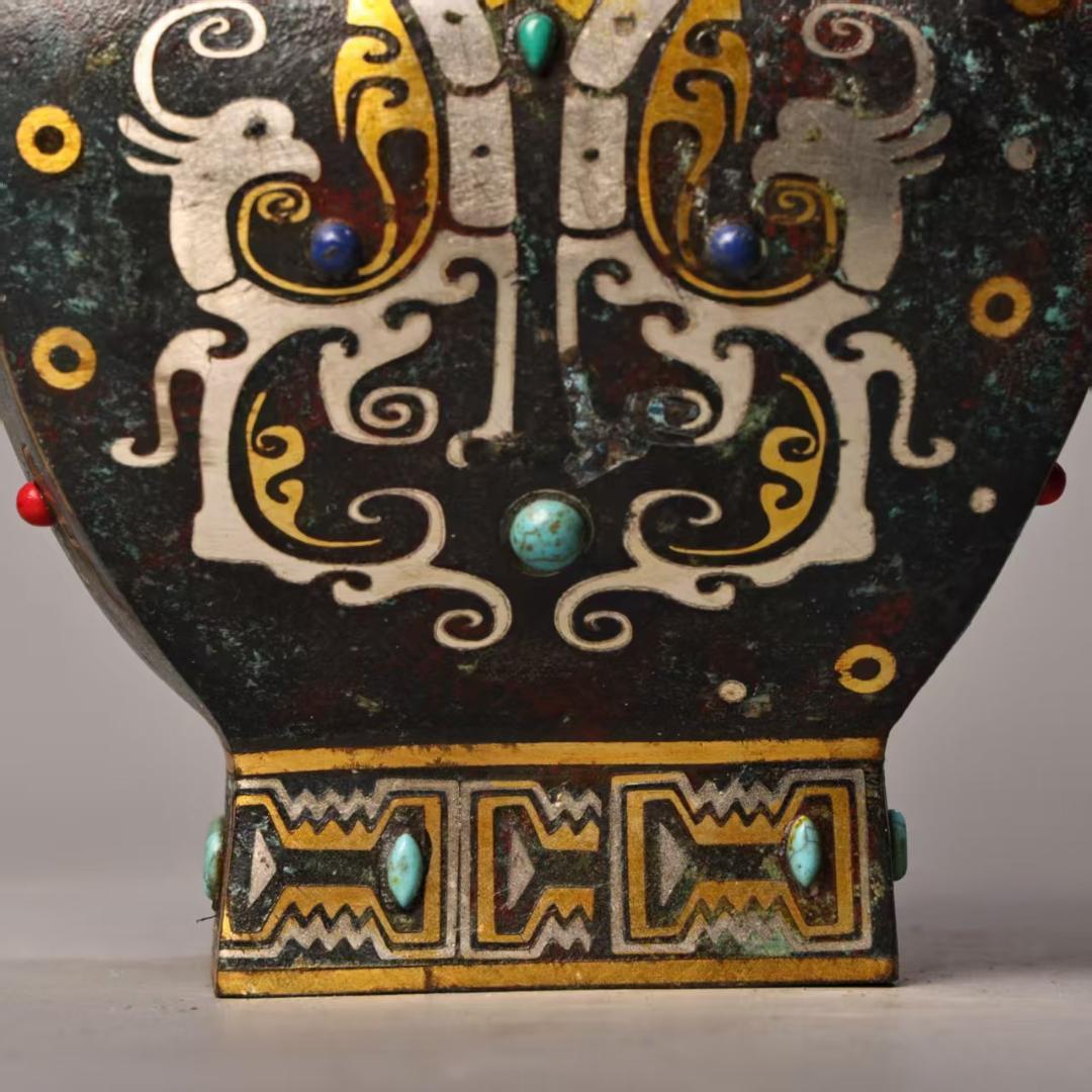 中国古美術 珍蔵 錯金銀 宝石嵌 青銅方花瓶 純青銅製 風水開運 文房置物