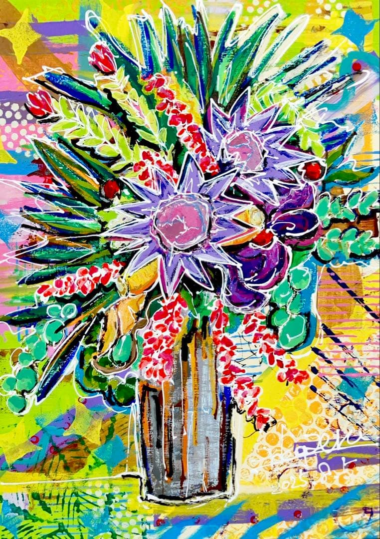 原画　花　額付き　静物画　絵画　アクリル画　現代アート　手描き　一点物