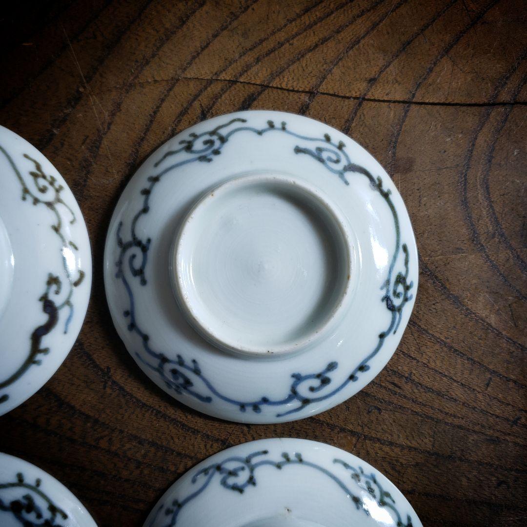 豆皿　小皿　4枚　白磁　赤絵　絵付　古伊万里　蝶　丸窓　唐草　江戸