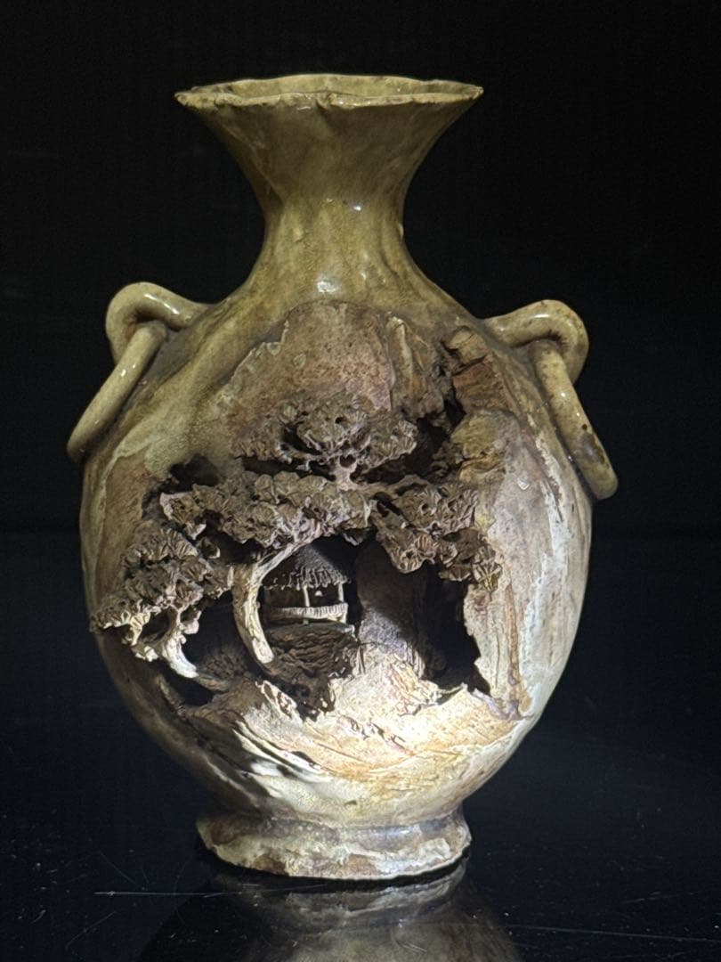 超絶技巧 宮島 一角 造 楼閣山水図 耳付 花瓶 共箱付 茶道具