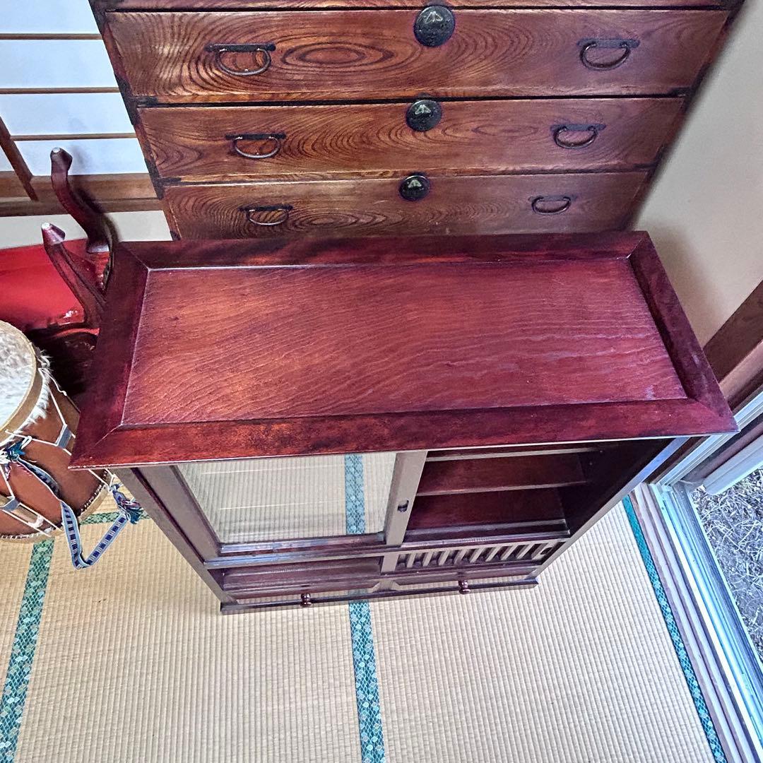 昭和レトロ 木製ガラスキャビネット 収納棚 食器棚 幅90cm