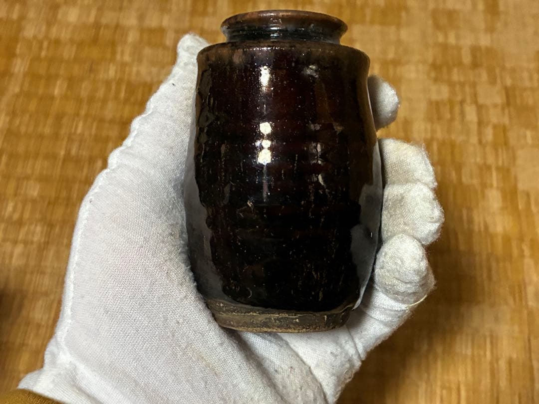 古陶器 飴釉 円筒形 茶入 木箱入 印あり 煎茶道具
