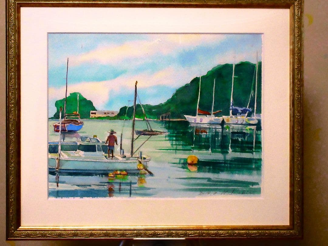 港の風景 水彩画 金色フレーム付き F6サイズ 原画