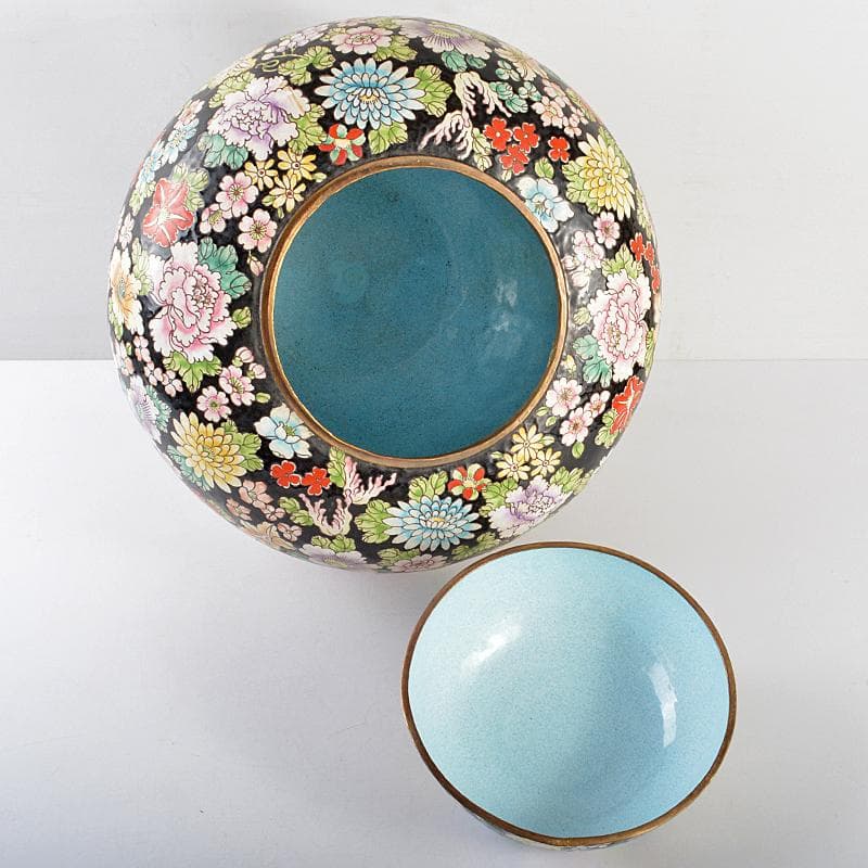 中国　古七宝琺瑯彩　百花文様　蓋壷　大茶壷　重さ約3.8kg　F　R5644B