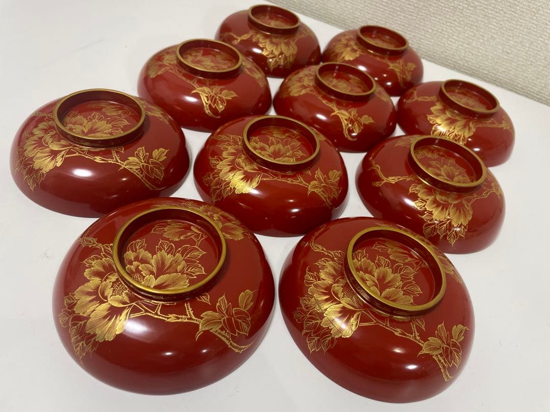 漆器 朱漆 内朱塗 漆器 吸物 懐石椀 煮物椀 10 客 牡丹柄 アンティーク