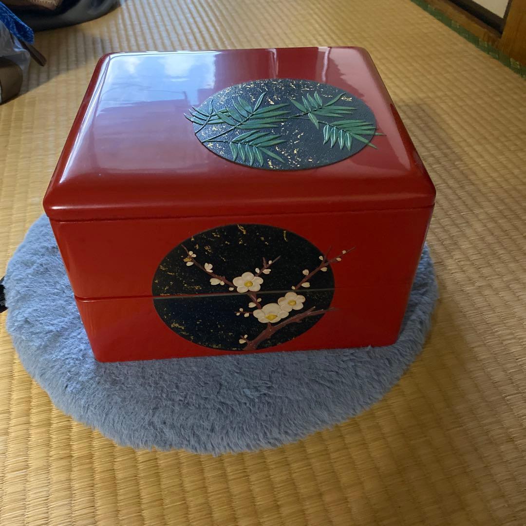 漆器 重箱 赤色 花柄