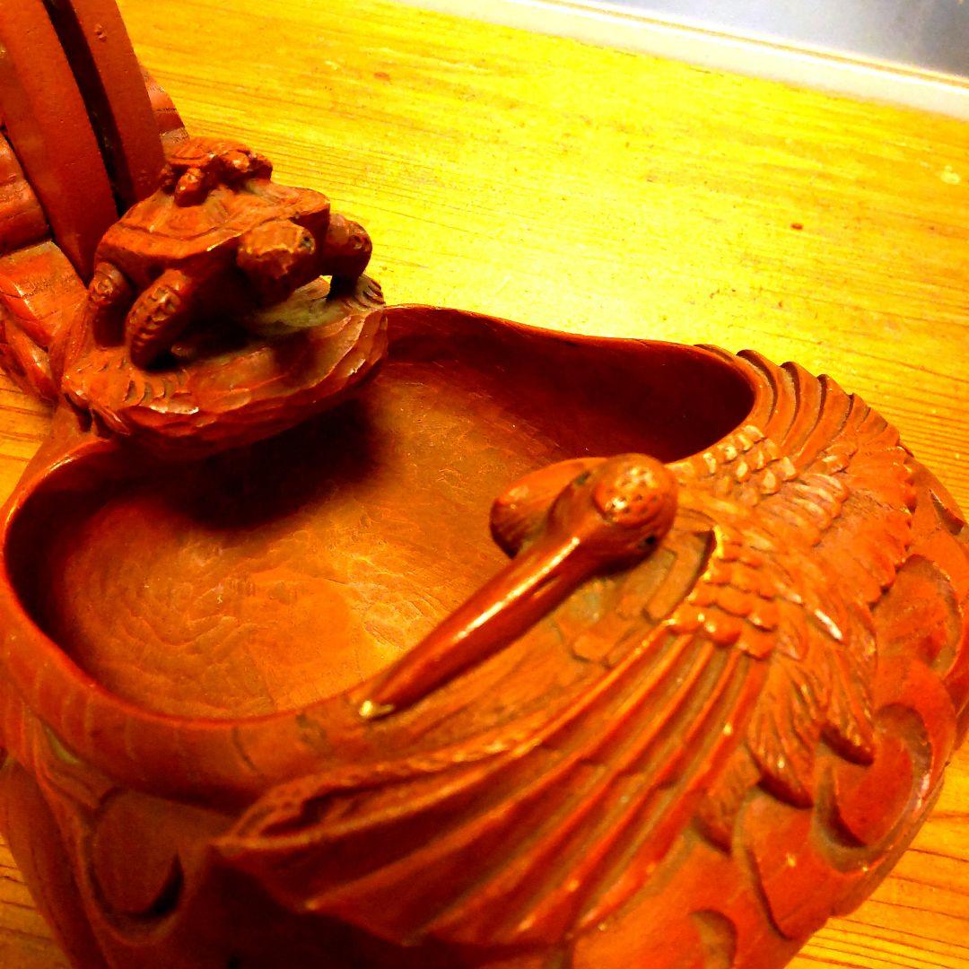 彫辰作 鶴亀彫 親子亀 墨壷 骨董 在銘 工芸品木製彫刻 装飾品 大工道具 墨坪