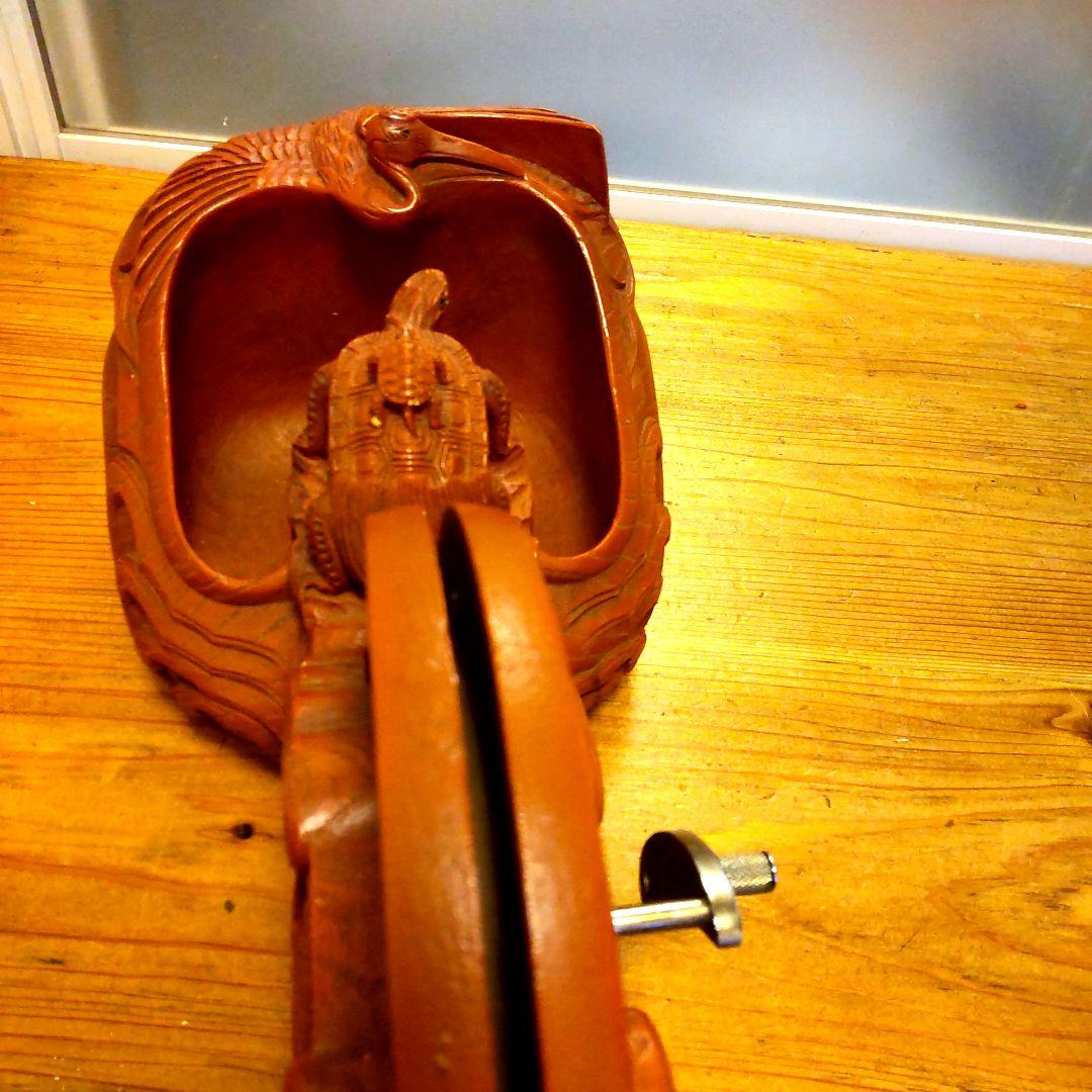 彫辰作 鶴亀彫 親子亀 墨壷 骨董 在銘 工芸品木製彫刻 装飾品 大工道具 墨坪