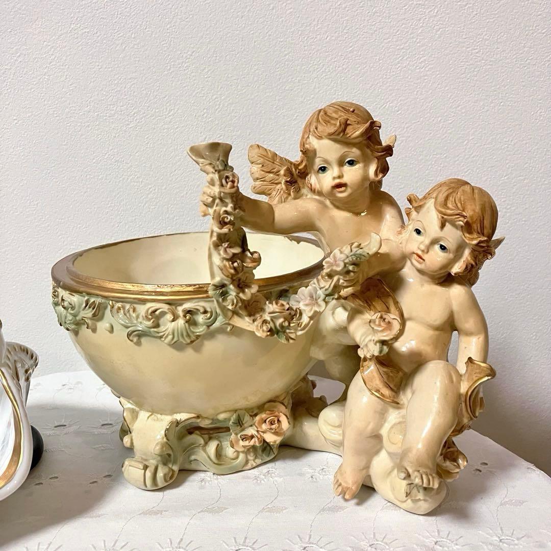 イタリア製 天使 エンジェル アンティーク調 置物 小物入れ／陶器製 バスケット