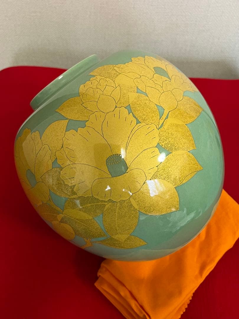 人間国宝 吉田美統 釉裏金彩 椿文 壷 共箱 共布 栞 Y32