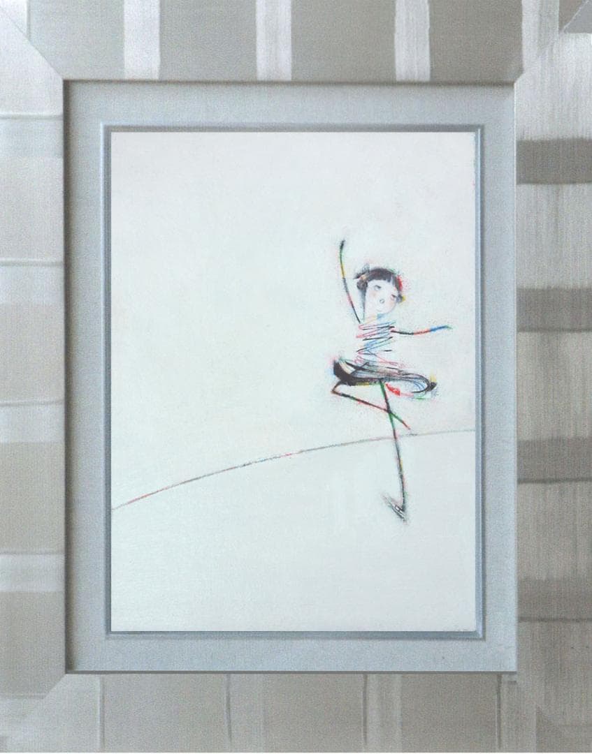 油絵 菅家令子絵 絵画インテリア額付(青緑＋金色の枠)F4-071820スケート