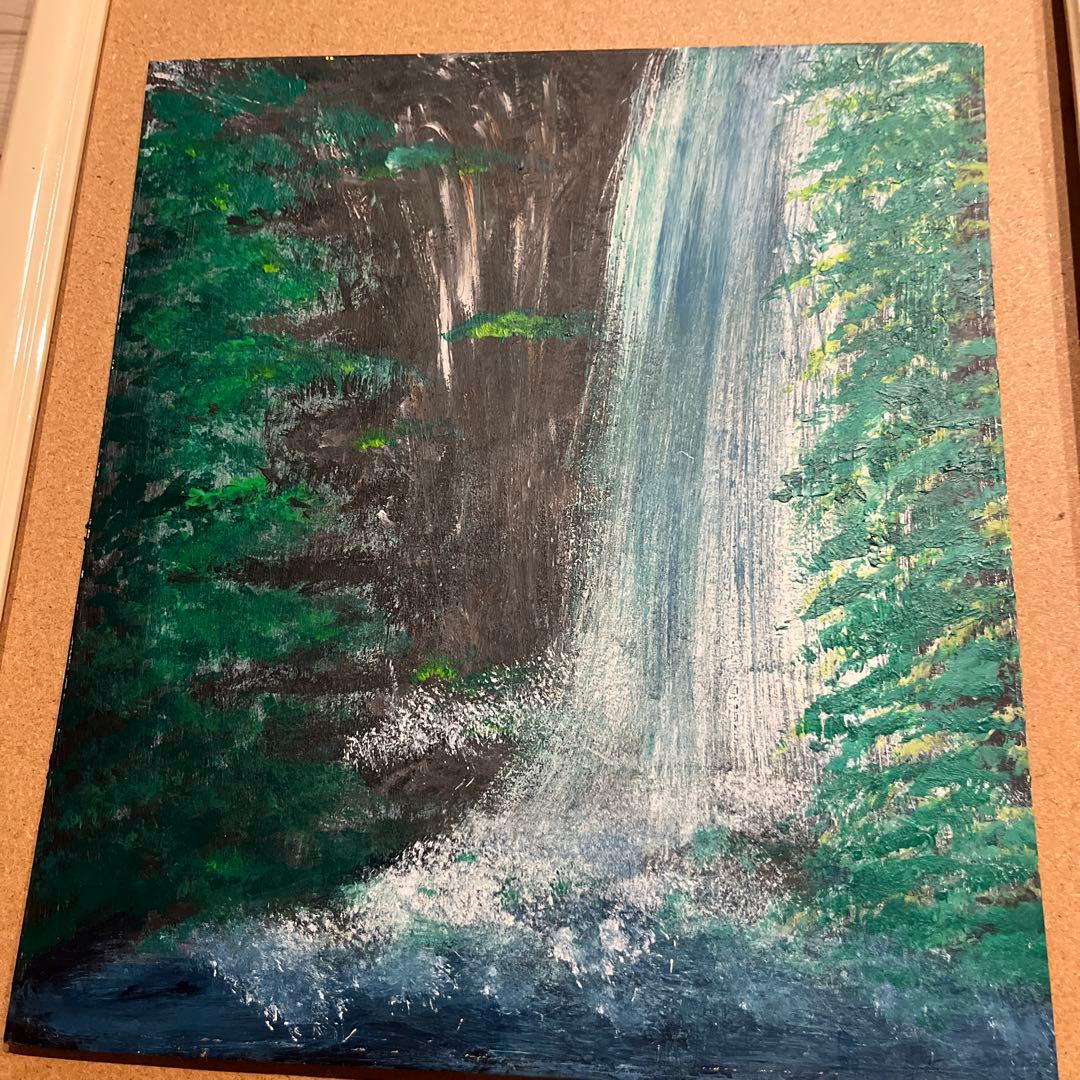 滝と森林の油彩画 約27cm x 25cmフレーム無
