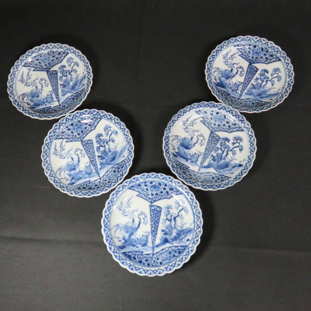 小皿 5枚 松 梅 変わり縁 輪花 印判 染付 明治 大正