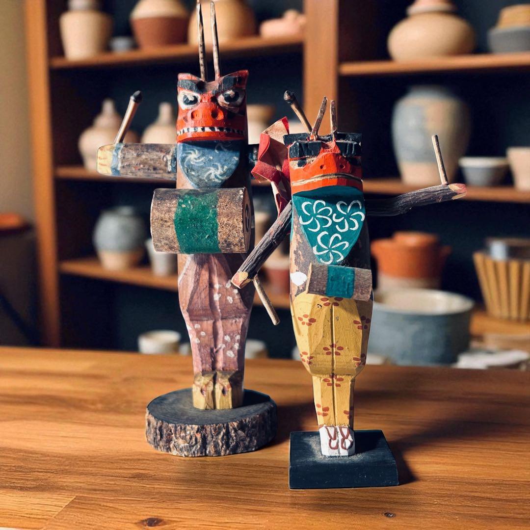 廃絶品 埼玉県飯能市 郷土玩具 大河原宏彰 丸木彫人形《獅子舞》 ×2 美楽堂