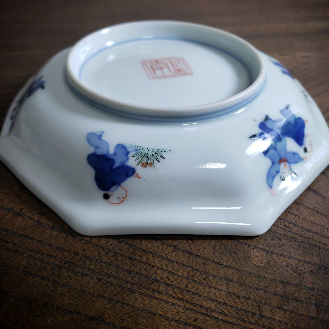 八角形　変形皿　無花果　色絵付　染付　中国童　柿右衛門様式　古伊万里　イ号