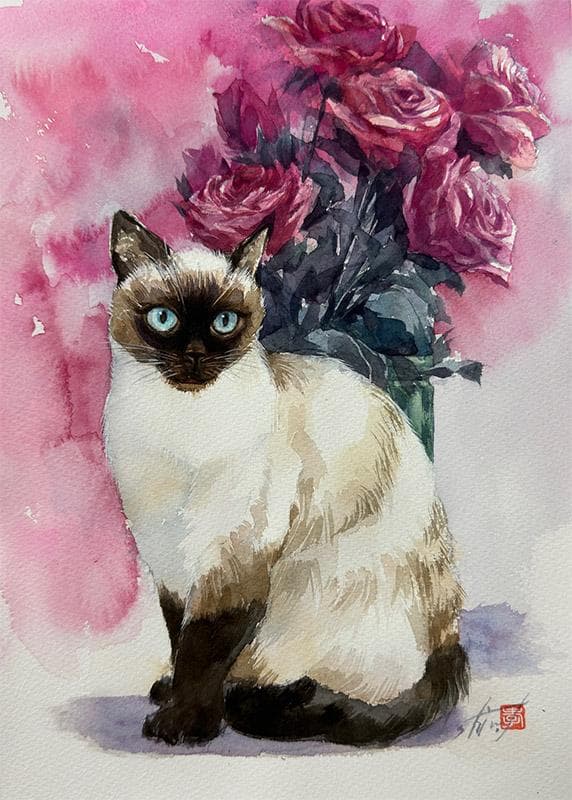 水彩アート「薔薇とシャム猫」1点物、手描き、真筆。