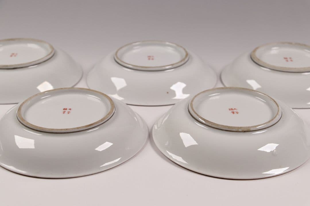 CH85 時代 九谷焼 福栄 金彩色絵 小皿 六客 12.2cm 山水 鶴松