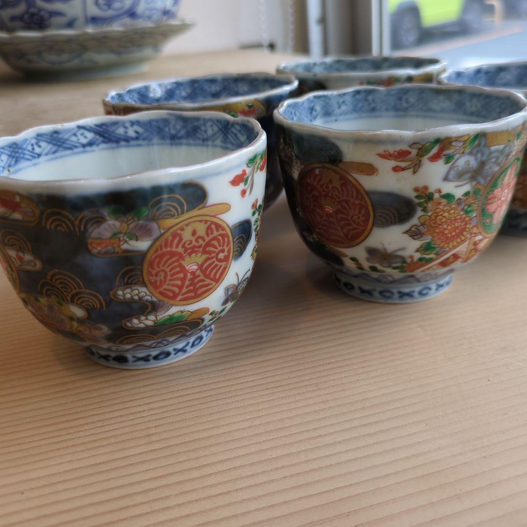 骨董 古伊万里 染錦 藍細画 向付 蕎麦猪口 器 アンティーク 5つ〜