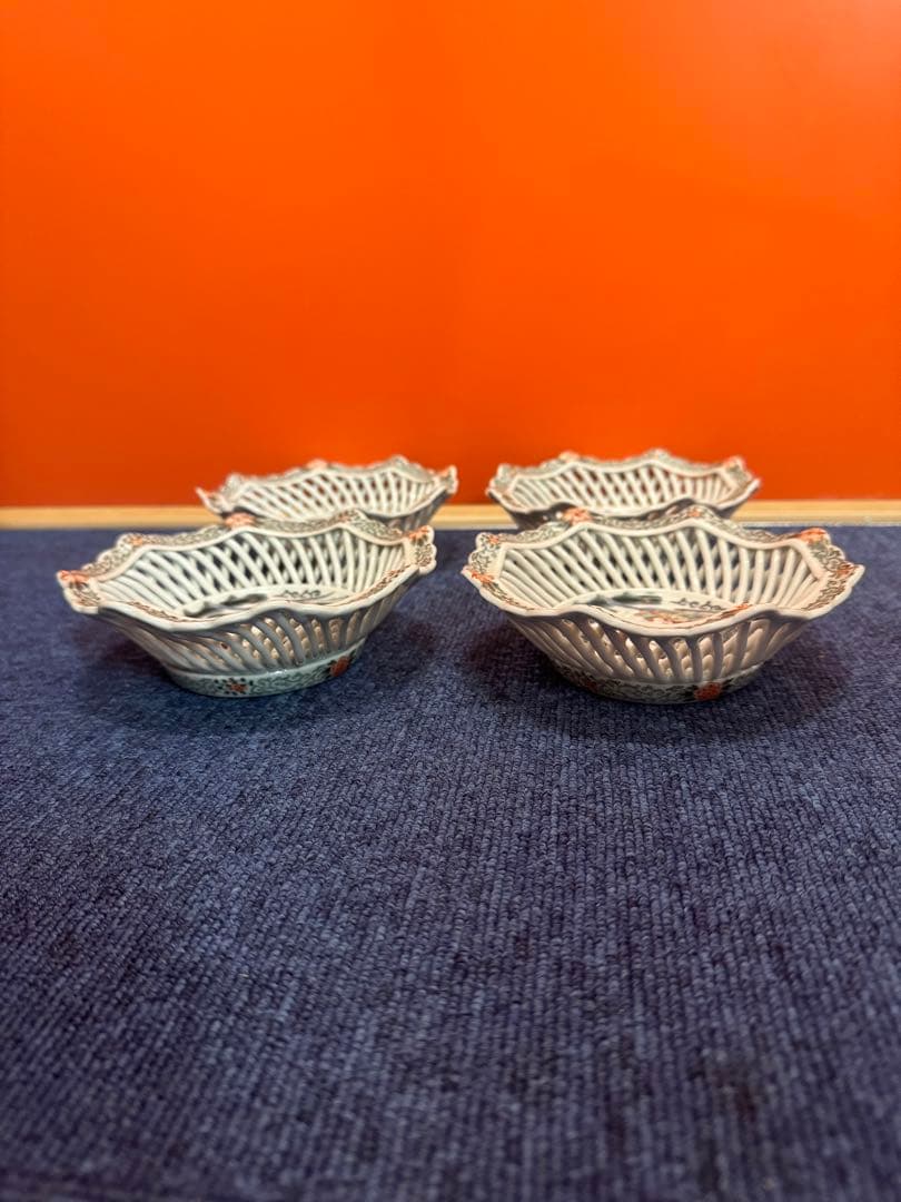 1601  希少　深川製磁 透かし皿 鳳凰文　菓子器  4客