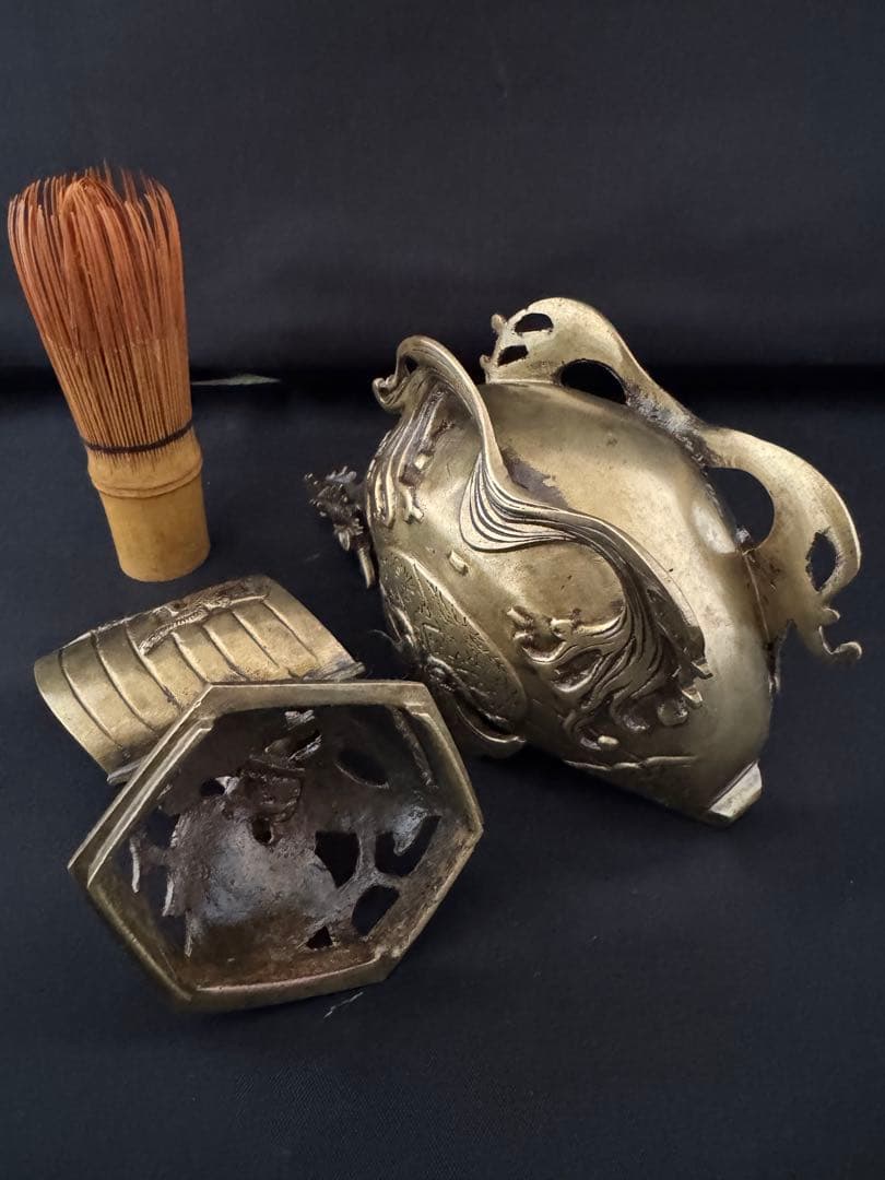 香炉　宝船 龍 銅 彫刻 置物 金運 開運 風水 骨董 インテリア　アンティーク