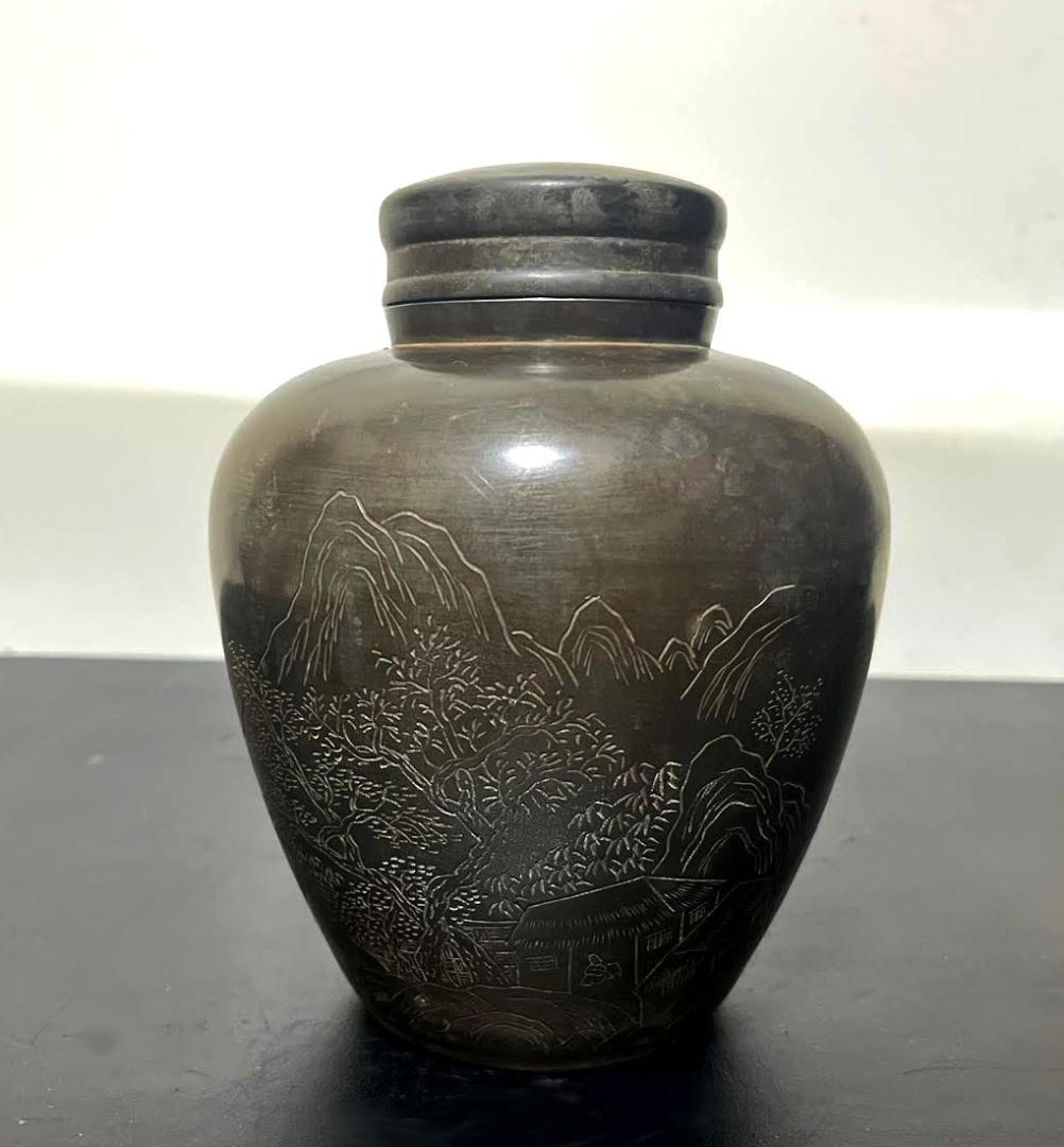 御錫屋天下一美作守款 一刀老人彫 　古錫　茶壷１８.５cm　茶心壺　茶入　煎茶