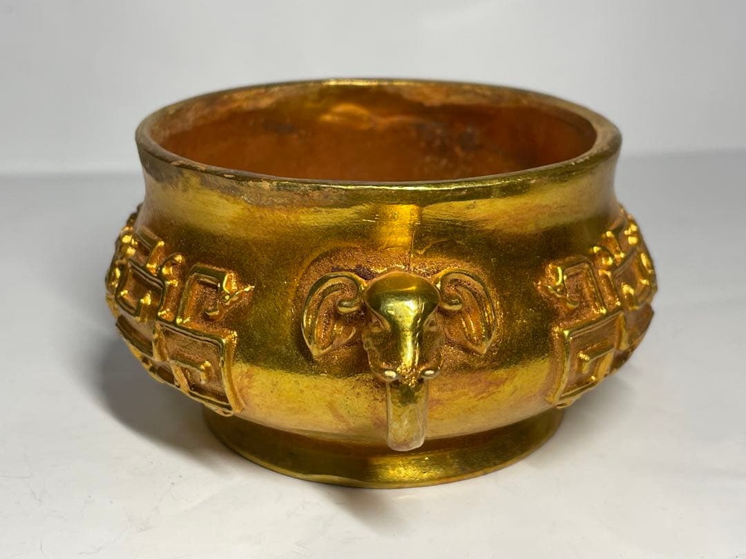 中国古美術　大明宣徳年製　象耳塗金香炉　中国骨董品　旧家蔵品　重さ548g