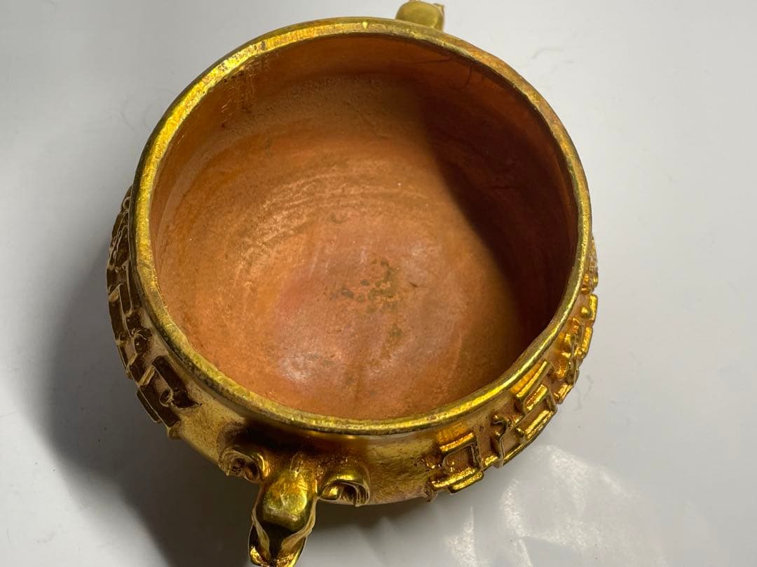 中国古美術　大明宣徳年製　象耳塗金香炉　中国骨董品　旧家蔵品　重さ548g