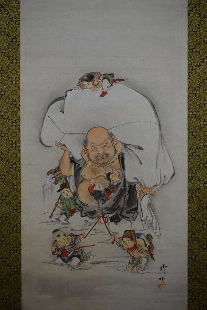 真作/五代目/歌川国政/竹内柳蛙/唐子布袋図/布袋屋掛軸HE-929