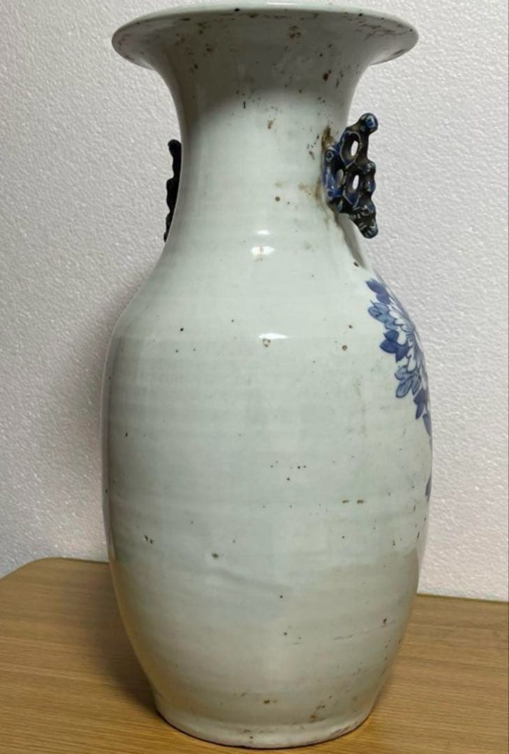 清時代 青花花鳥紋双耳瓶 中国骨董品。