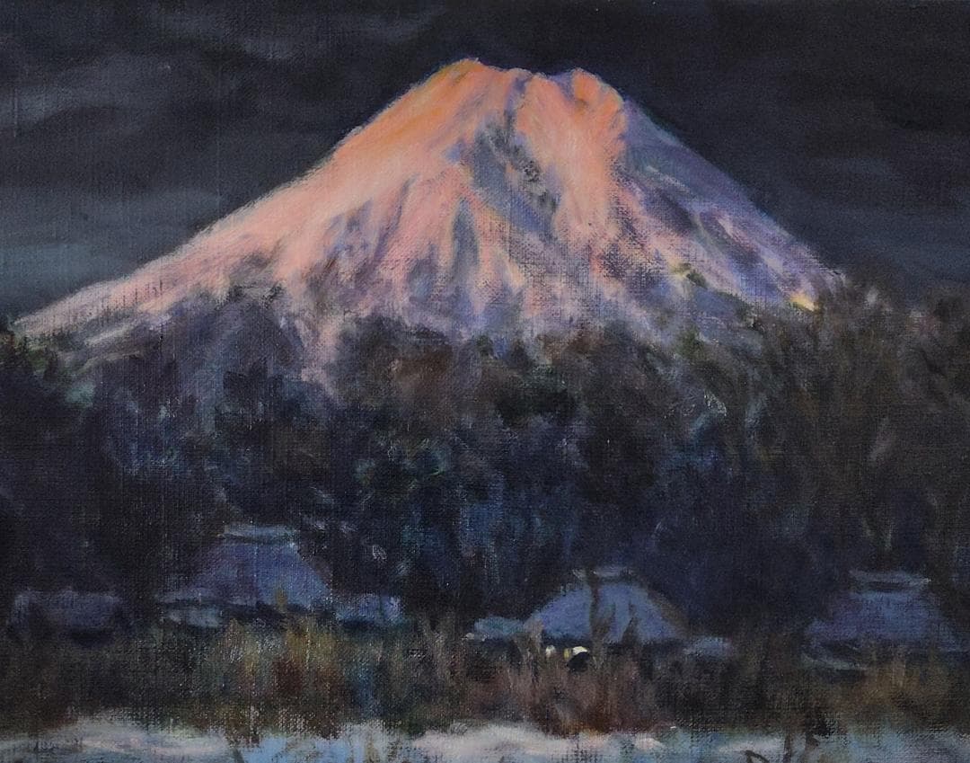 「明ける忍野村」1976 F6 絵画 油絵 油彩画 風景画 富士山